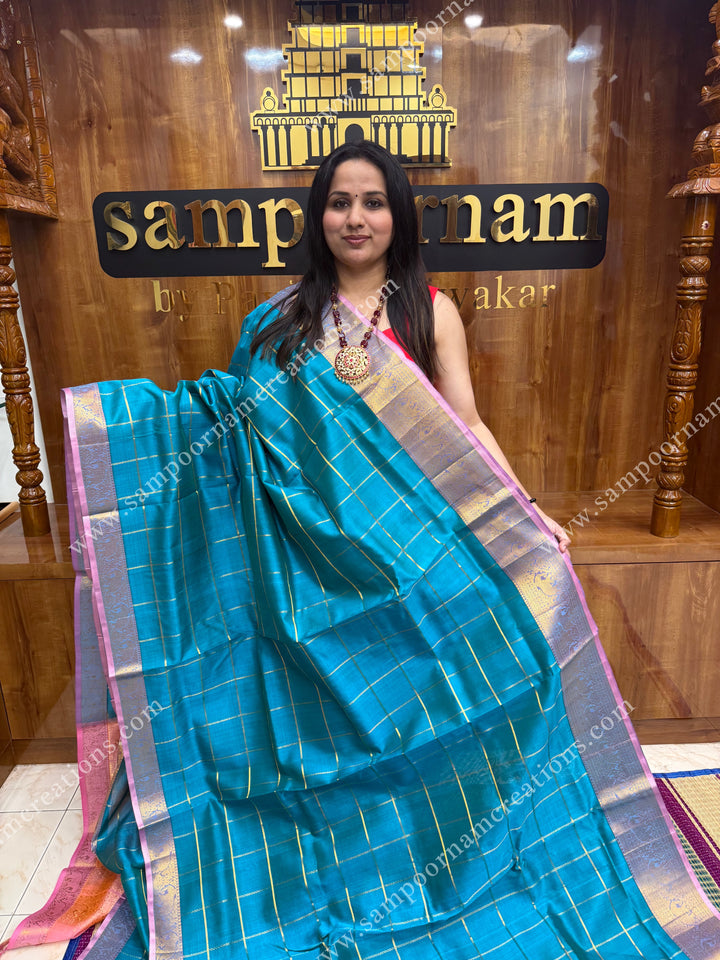 Turquoise Blue with Pink , Zari checks in the body , traditional borders and grand Pallu , Ten Yards Silk Cotton Saree