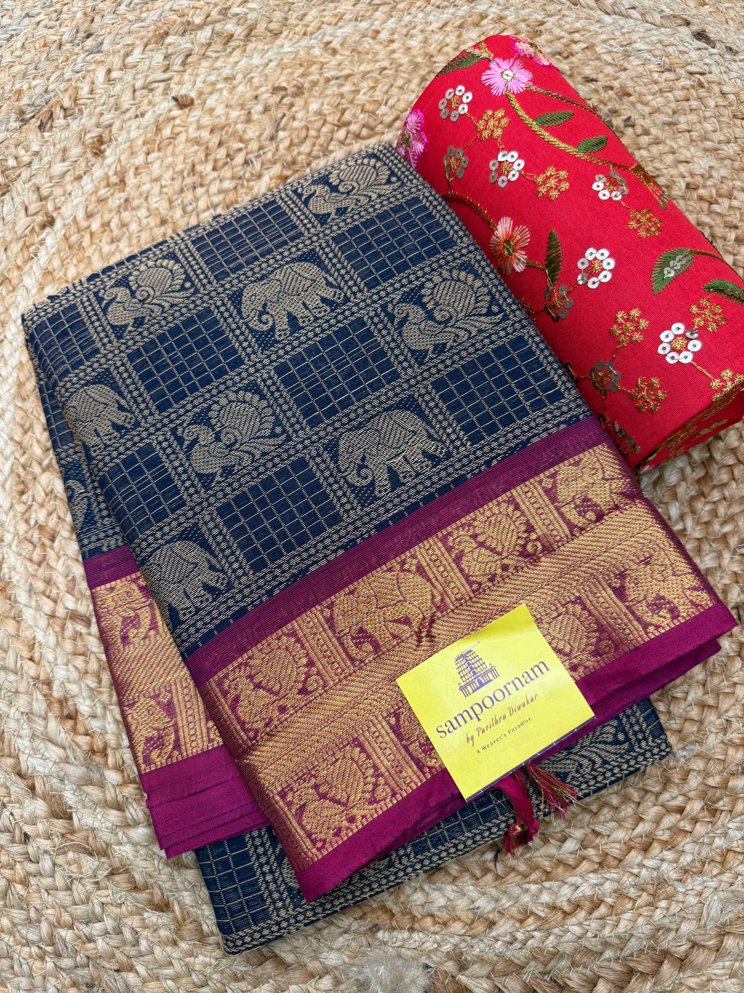 Dark Blue with Magenta , Check with Annam and Elephant motif in the body and traditional border Chettinad Cotton Saree