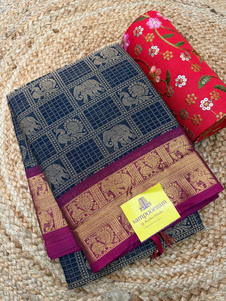 Dark Blue with Magenta , Check with Annam and Elephant motif in the body and traditional border Chettinad Cotton Saree