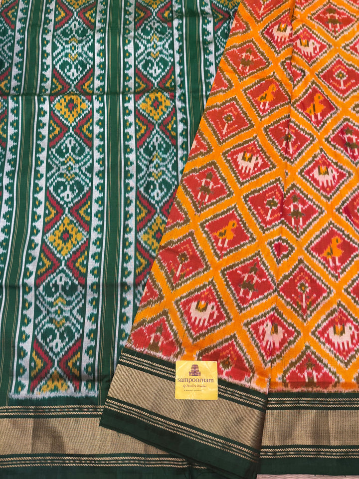 Mambazha Manjal With Green Pochampally Designs in the Body, with Traditional Borders and Rich pallu, Pochampally silk Saree
