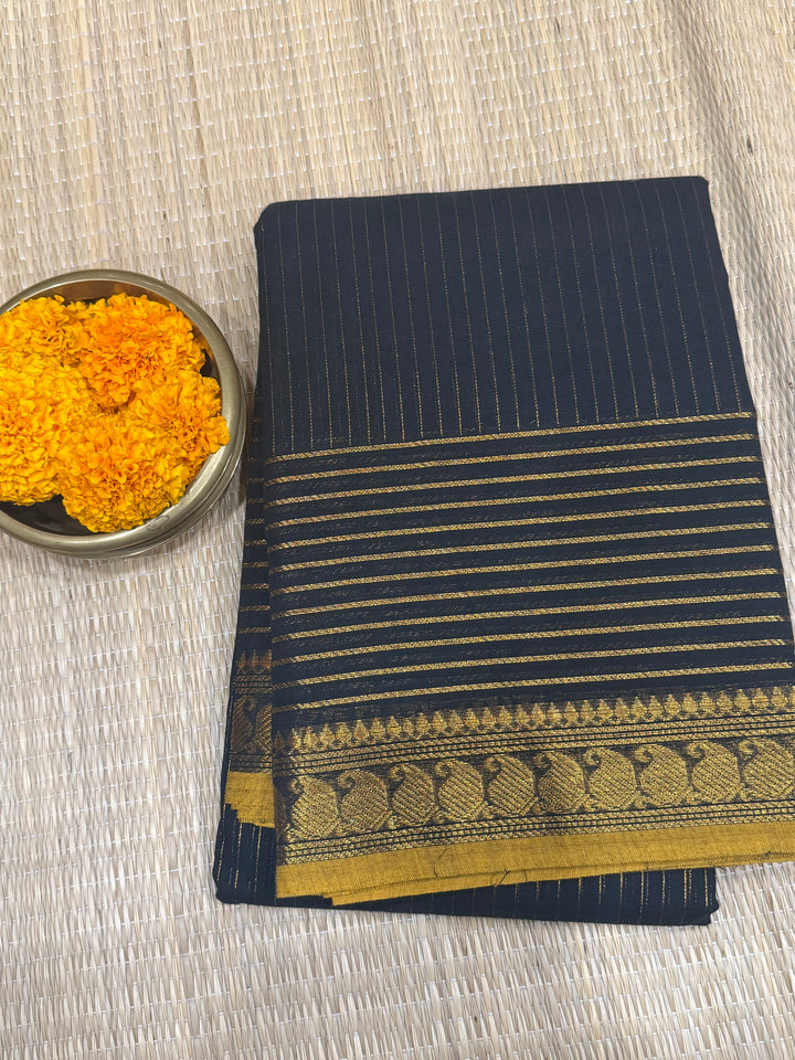 Elegant Black with Mustard Selvedge , Rich Vertical and Horizantal  Zari Lines in the body , Mango Zari border with rich Pallu Chettinaad Cotton Saree