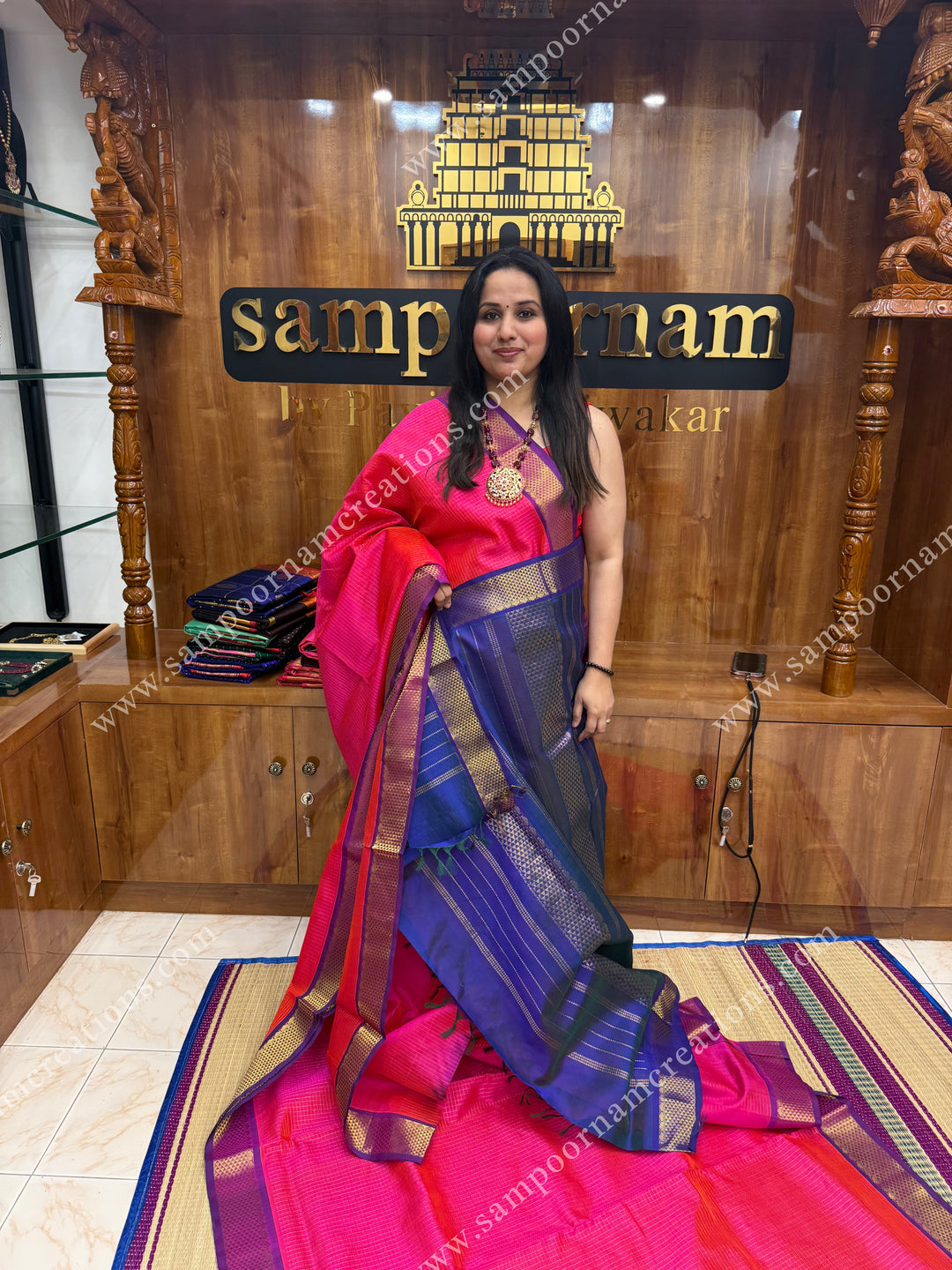Pink with Blue , Purple Selvedge , Rich Zari Podikattam in the body , traditional borders and grand Pallu , Ten Yards Silk Cotton Saree