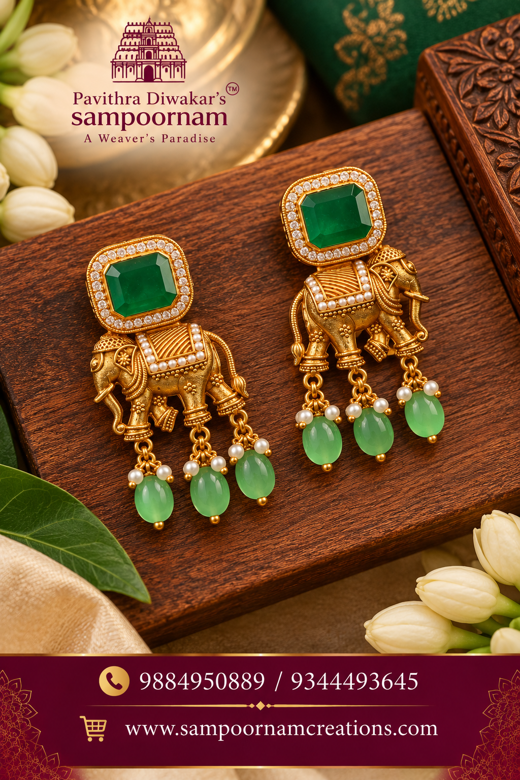Elegant elephant motif earrings featuring rich emerald-green stones and delicate pearl drops.