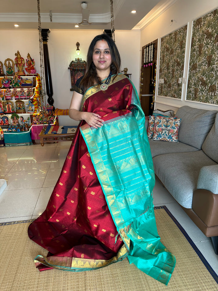 Maroon With Blue Rich Butta Rich Pallu Silk Cotton Saree