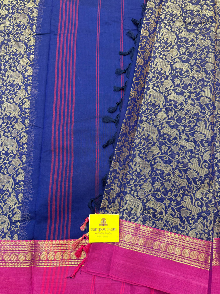Dark Blue with Pink , Rich Vanasingaram thread motif in the body , Traditional borders and Plain Pallu Chettinad Cottton Saree