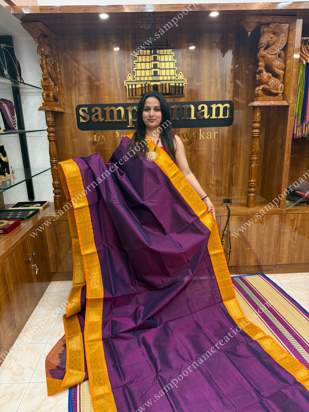 Dark Wine with Mustard Yellow ,  traditional borders and grand Pallu , Ten Yards Silk Cotton Saree