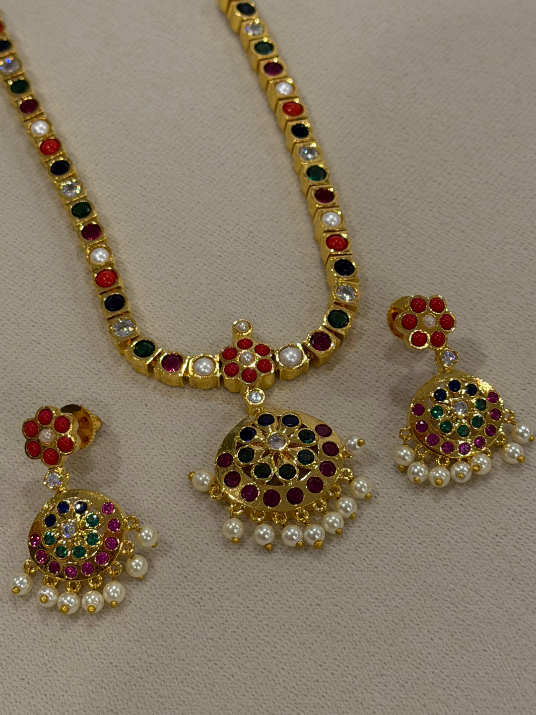 An Heirloom Inspired Navaratna Addigai Set with Drop Earrings