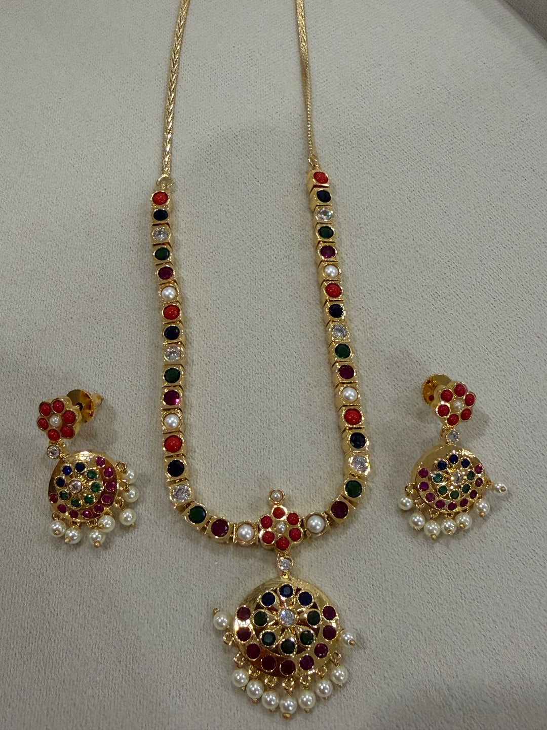 An Heirloom Inspired Navaratna Addigai Set with Drop Earrings