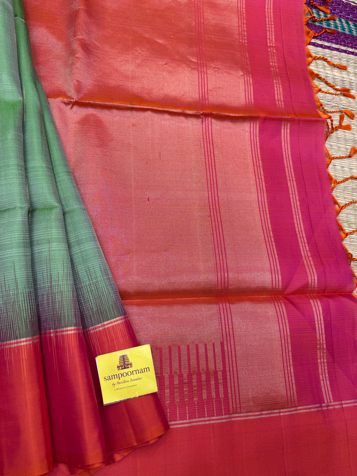 Pastel green with Orangish Pink , Rain Drop Zari Butta in the Body and Grand Pallu, Pure Soft Silk Saree