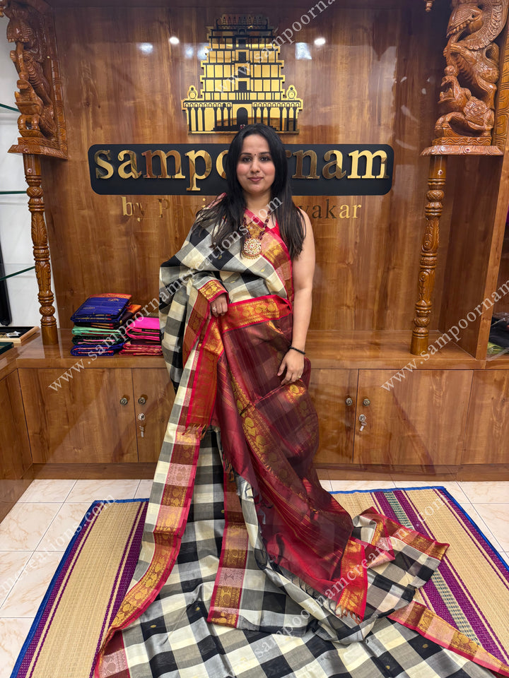 Black and White checks with Red , Zari butta in the body traditional borders and rich Pallu , Ten Yards Silk Cotton Saree