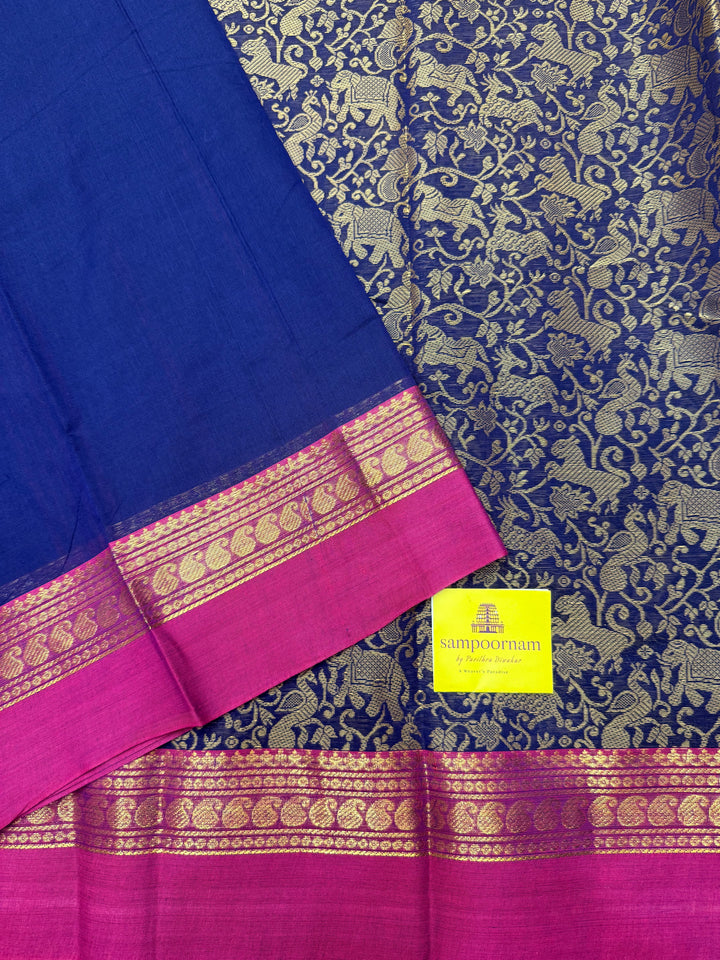 Dark Blue with Pink , Rich Vanasingaram thread motif in the body , Traditional borders and Plain Pallu Chettinad Cottton Saree