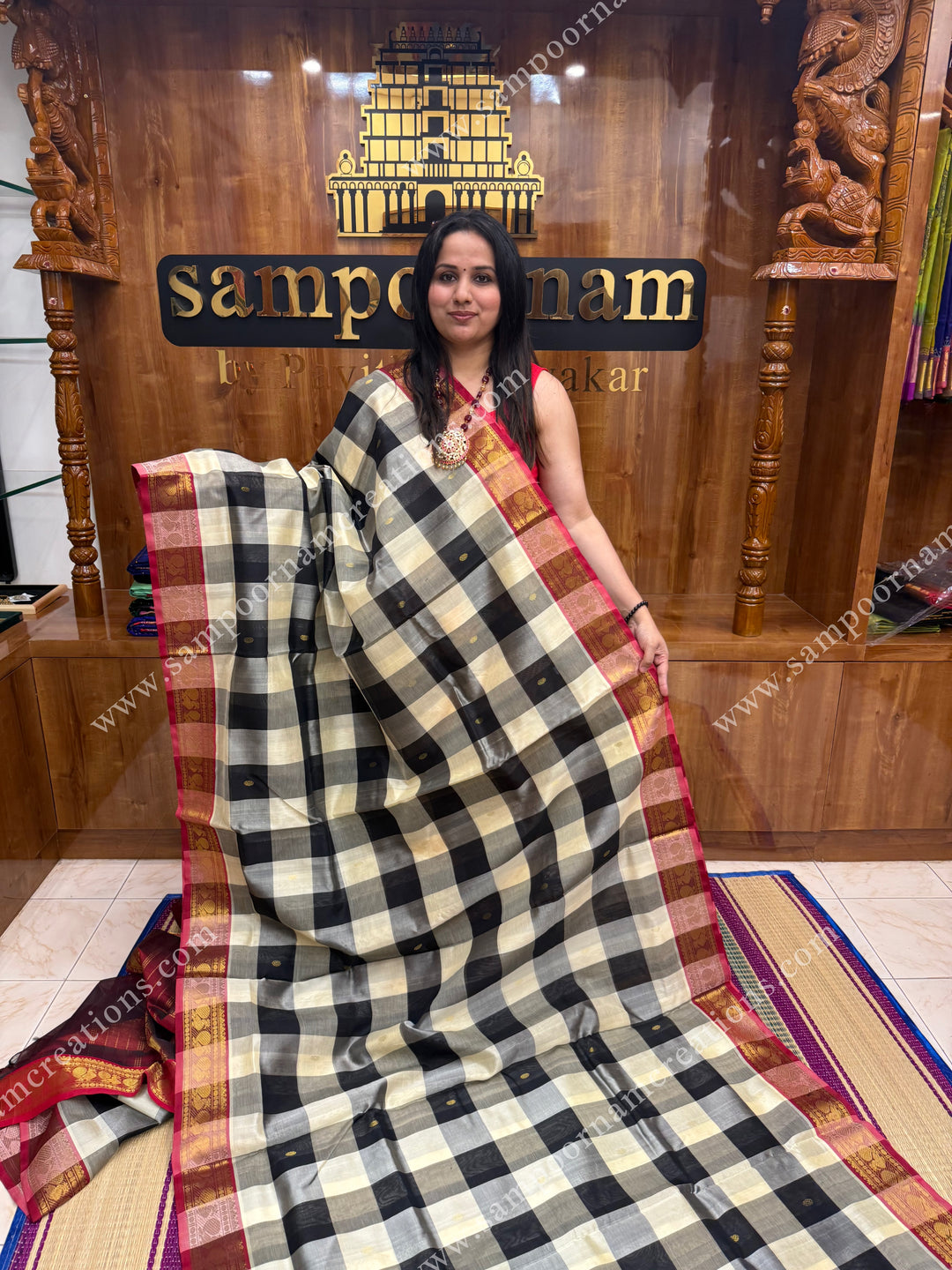 Black and White checks with Red , Zari butta in the body traditional borders and rich Pallu , Ten Yards Silk Cotton Saree