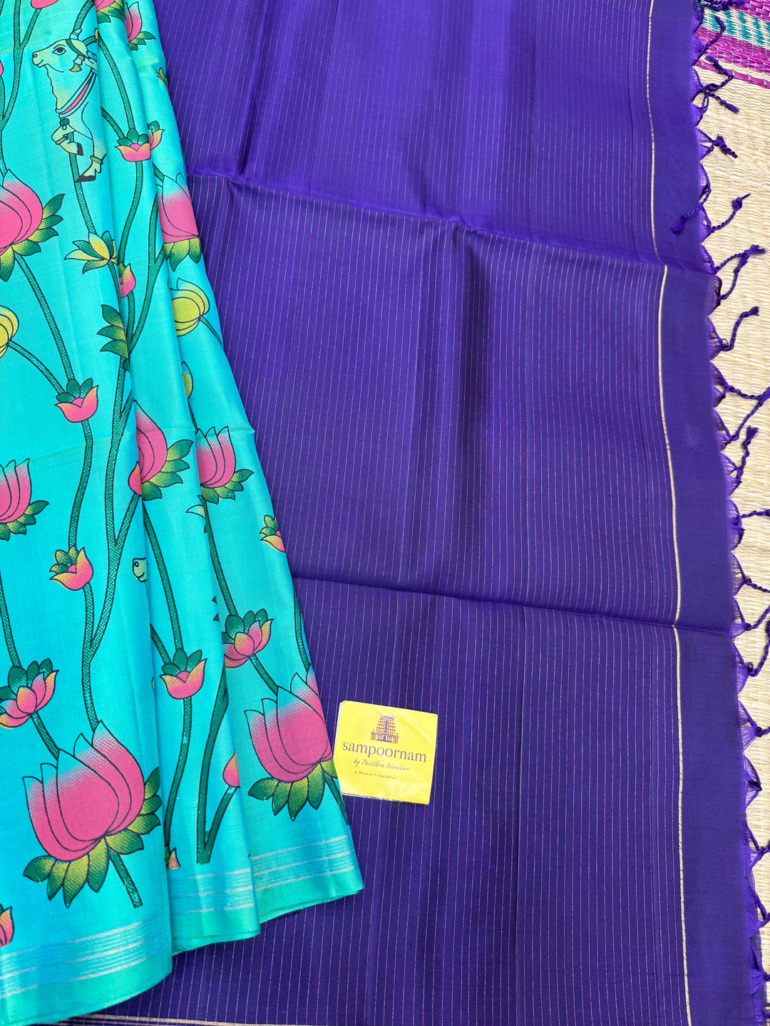 Ramar Blue with Blue , Pichwai Pure Printed Soft Silk Saree