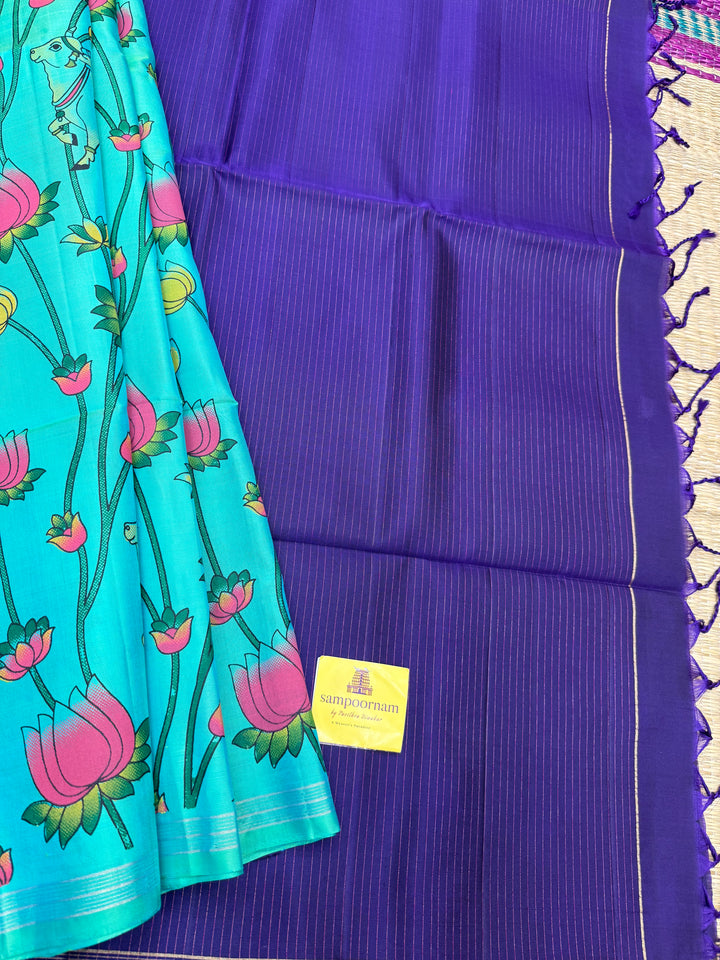 Ramar Blue with Blue , Pichwai Pure Printed Soft Silk Saree
