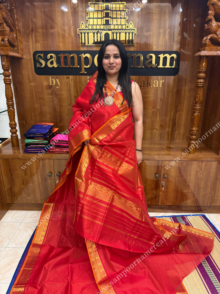 Red , Orange Selvedge , Vairaoosi Zari Lines in the body , traditional borders and rich Pallu ,Ten Yards Silk Cotton Saree