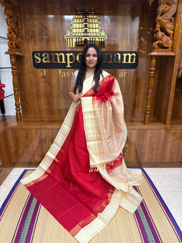 Red with Offwhite , rich zari checks in the body , rettapet plain border and grand pallu , Korvai Silk Cotton Saree