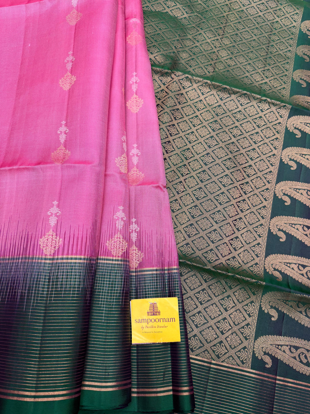 Onion Pink with Green , Rich Zari Butta in the Body and Traditional Grand Pallu, Pure Soft Silk Saree