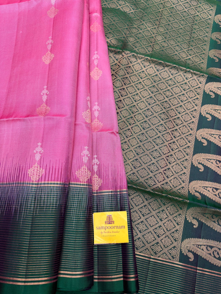 Onion Pink with Green , Rich Zari Butta in the Body and Traditional Grand Pallu, Pure Soft Silk Saree