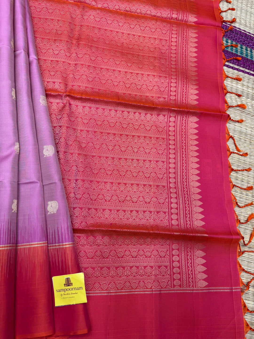 Onion Pink with Orangish Pink , Annam and Chakram Butta in the body and grand pallu, Pure Soft Silk Saree