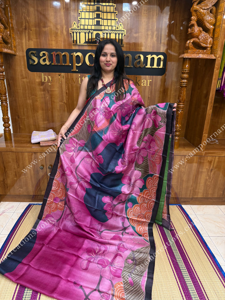Pink with Green Floral Handpainted Designs all over the body and Pallu , Pure Tussar Silk Saree