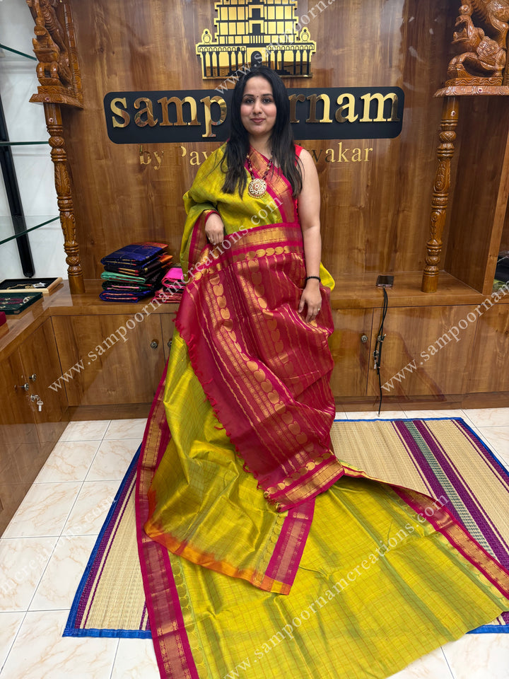 Green with Red , body checks, rettapet borders and rich pallu ,Ten Yards Korvai Silk Cotton Saree