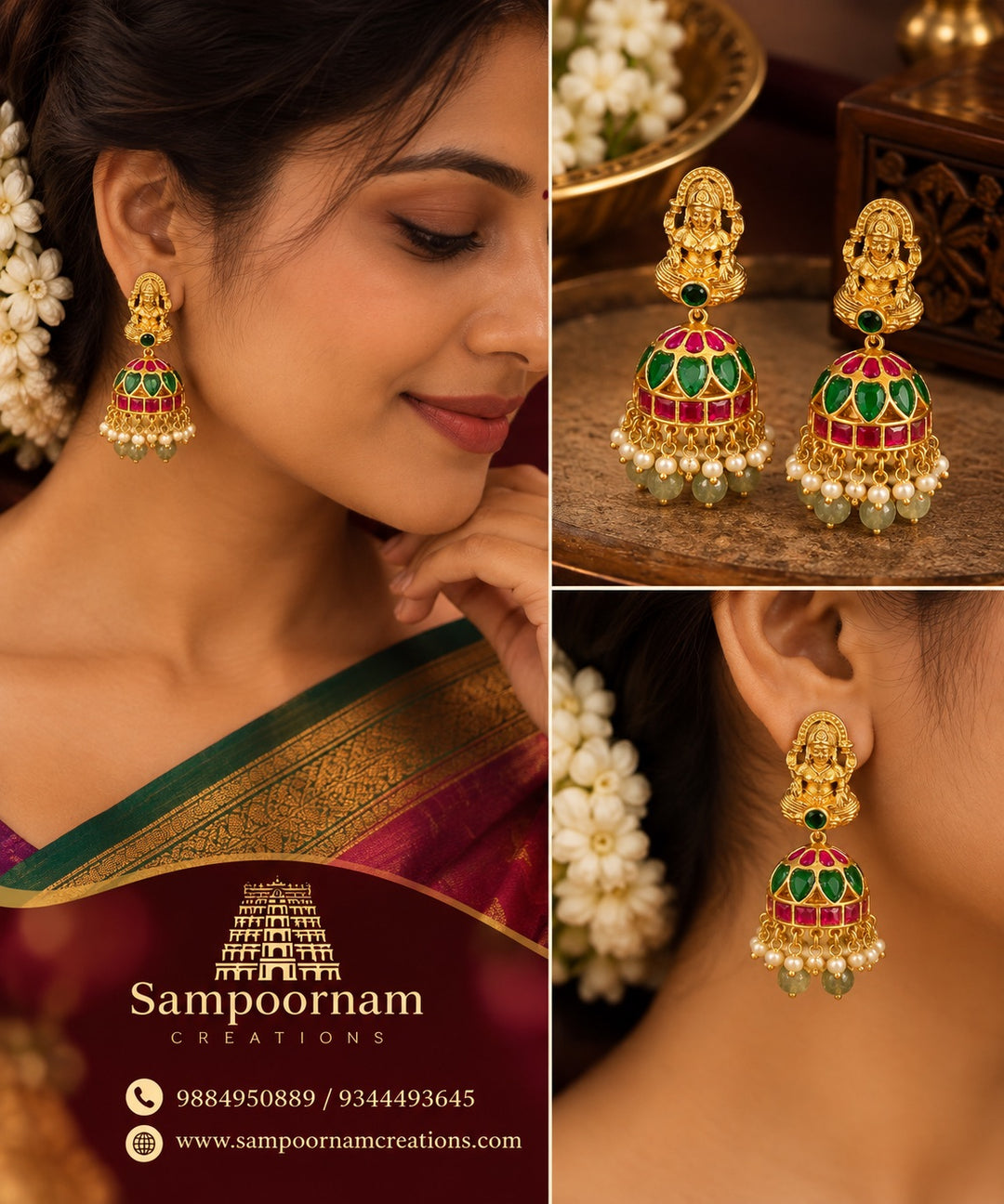 A Stunning Lakshmi motif Jhumka Adorned with Rich Green and Pink stones , delicate Pearl accents and Cascading Green bead Hangings .
