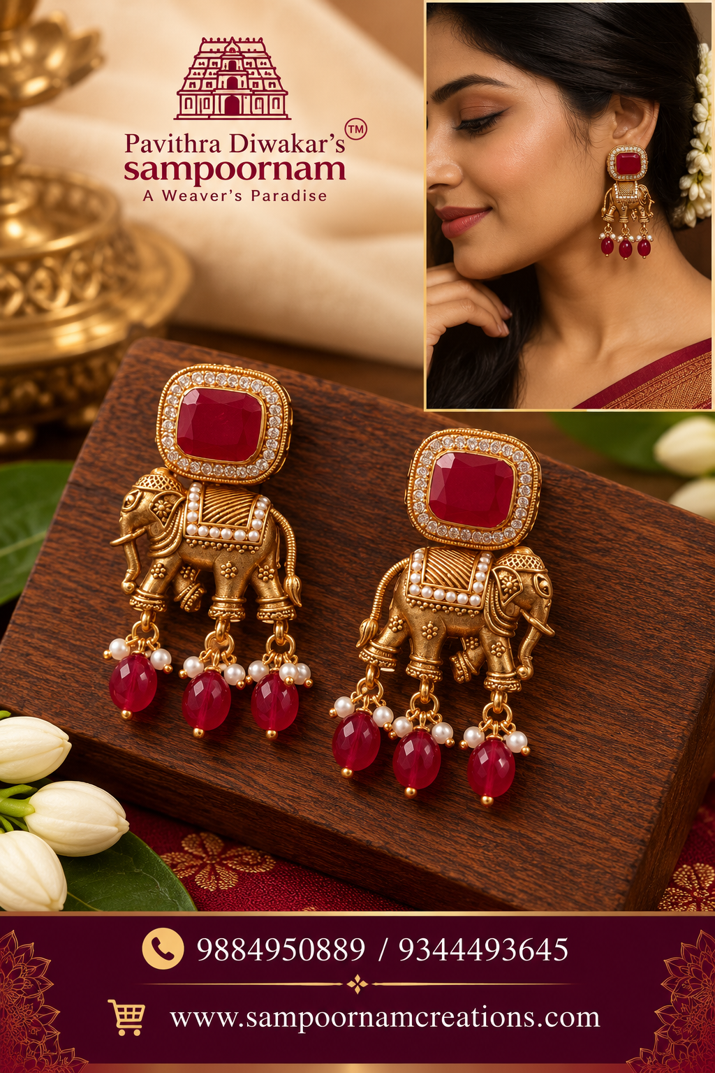 Royal elephant motif earrings adorned with rich ruby-red stones and delicate pearl drops.