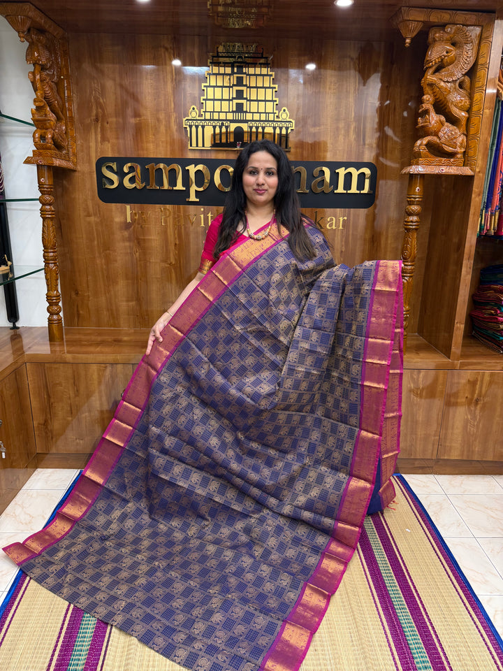 Blue with Magenta , Check with Annam and Elephant motif in the body and traditional border Chettinad Cotton Saree