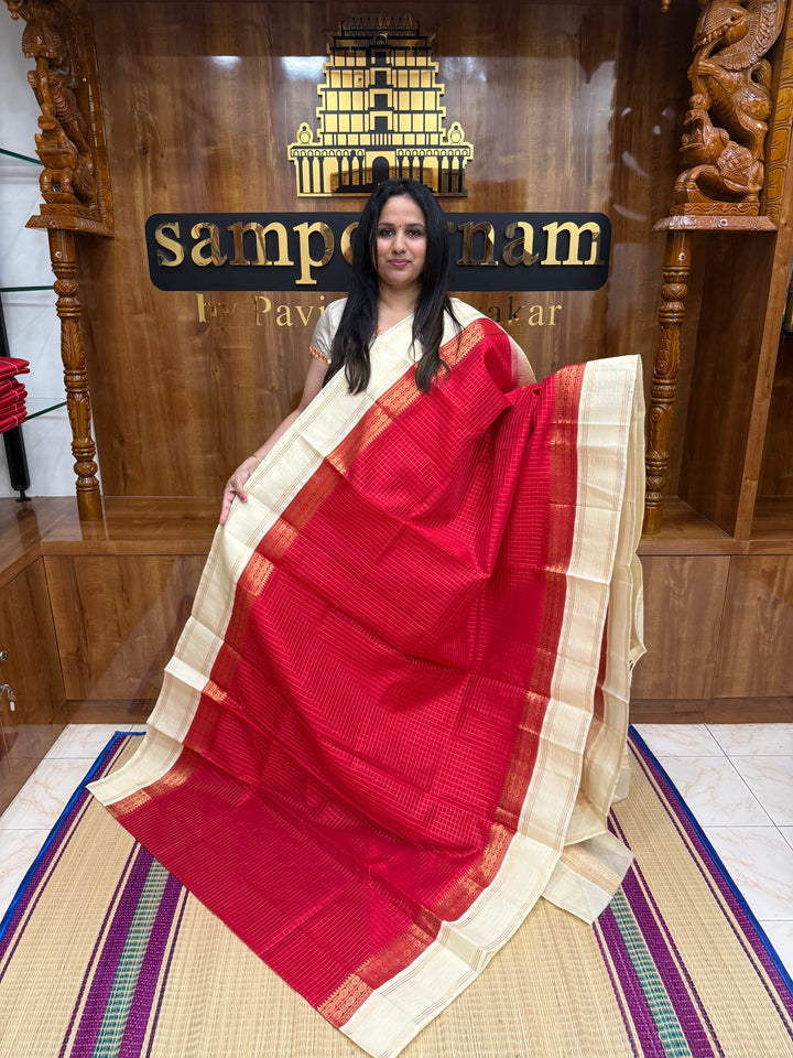 Red with Offwhite , rich zari checks in the body , rettapet plain border and grand pallu , Korvai Silk Cotton Saree