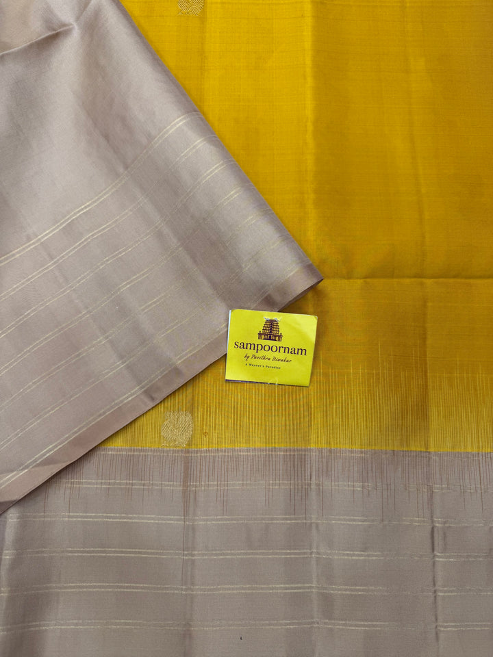 Yellow with Biege, Checks in the Borders and Rich Butta in the Body and Grand Pallu , Pure Soft Silk Saree