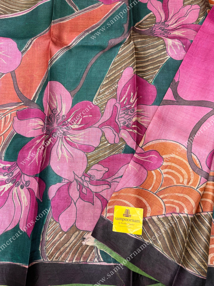 Pink with Green Floral Handpainted Designs all over the body and Pallu , Pure Tussar Silk Saree