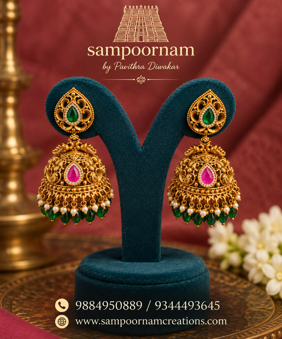 A statement jhumka that blends timeless temple elegance with a touch of colour. Emerald green, ruby pink & delicate pearls made to elevate every traditional look.