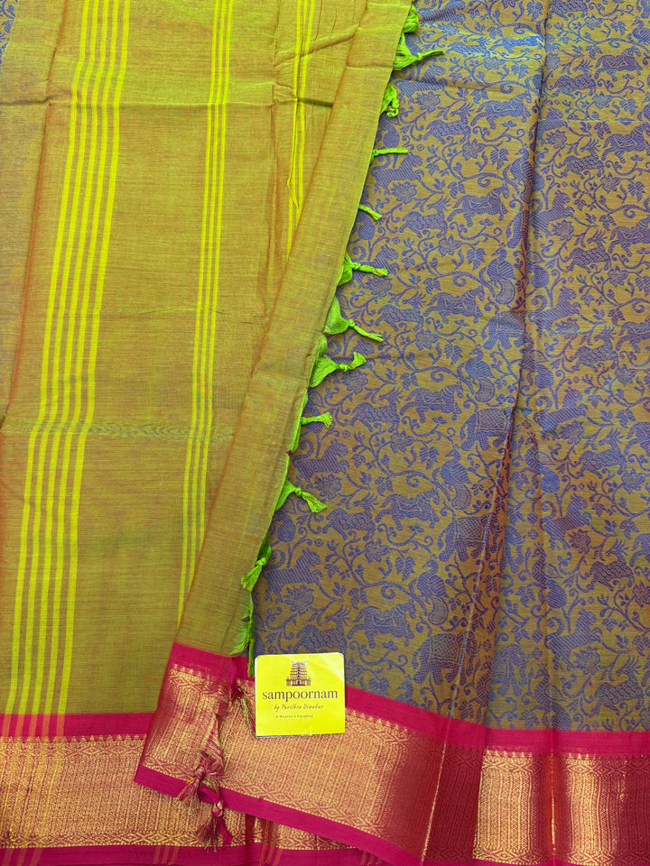 Manthulir Green with Pink ,  Rich Blue  Vanasingaram thread motif in the body , Traditional borders and Plain Pallu Chettinad Cottton Saree