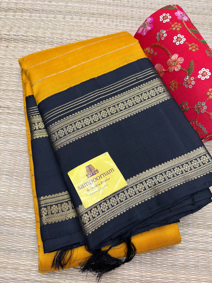 Mambazha Manjal with Black, Traditional Veldhari Design in the Body, Rettapet Border and Rich Pallu , Pure Zari Kanjivaram Silk Saree