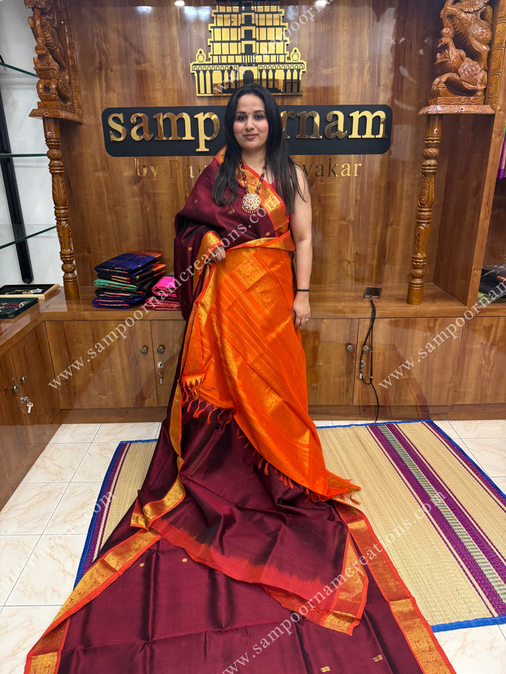 Araku with Orange , Zari butta in the body , traditional borders and grand Pallu , Ten Yards Silk Cotton Saree