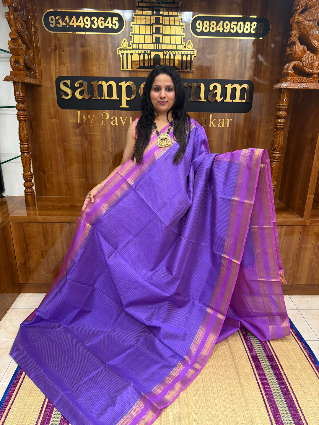 Lilac with Lavender  , Rich  Zari Kattam in the body , Rettapet  borders and Rich Pallu Pure Silk Cotton Saree