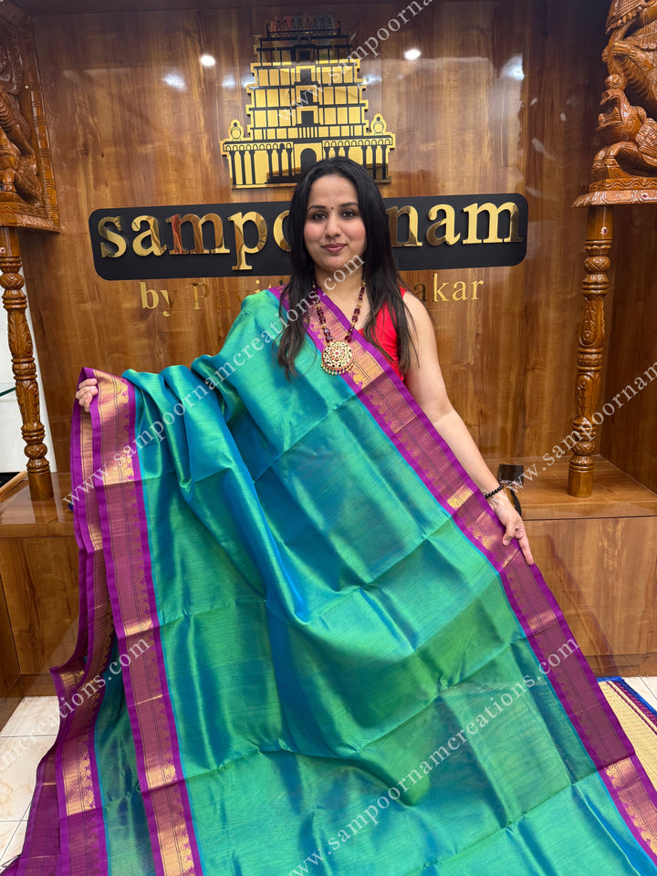 Ramar Blue with Purple  ,traditional borders and rich pallu ,Ten Yards Korvai Silk Cotton Saree