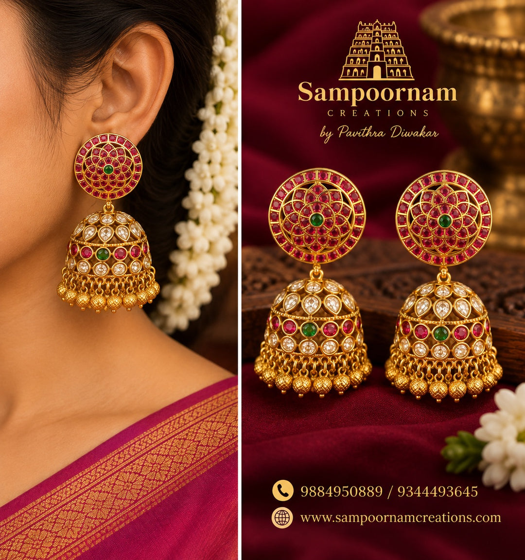 A Statement Kemp - style Jhumka featuring intricate circular floral detailing with Rich Ruby - Pink and Emerald - Green stones , accented with Sparkling white stones . The Beautifully Embellished dome is finished with traditional Gold Ball hangings