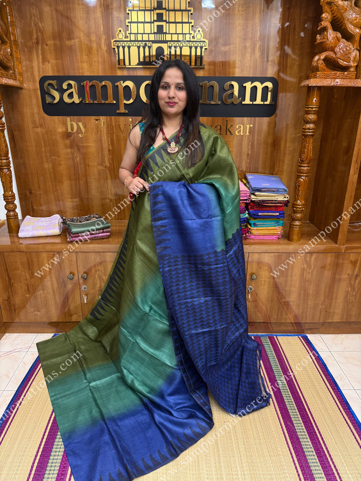Handpainted shades of Blue and Green with Handblock Prints in the border and Pallu , Pure Tussar Silk Saree