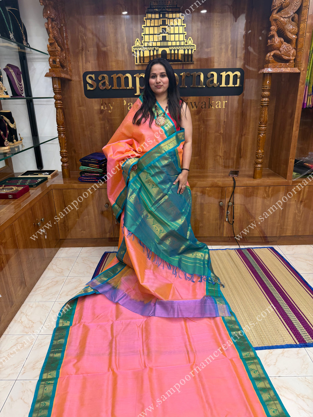 Peachish Pink with Turquoise Blue , traditional borders and rich pallu ,Ten Yards Korvai Silk Cotton Saree
