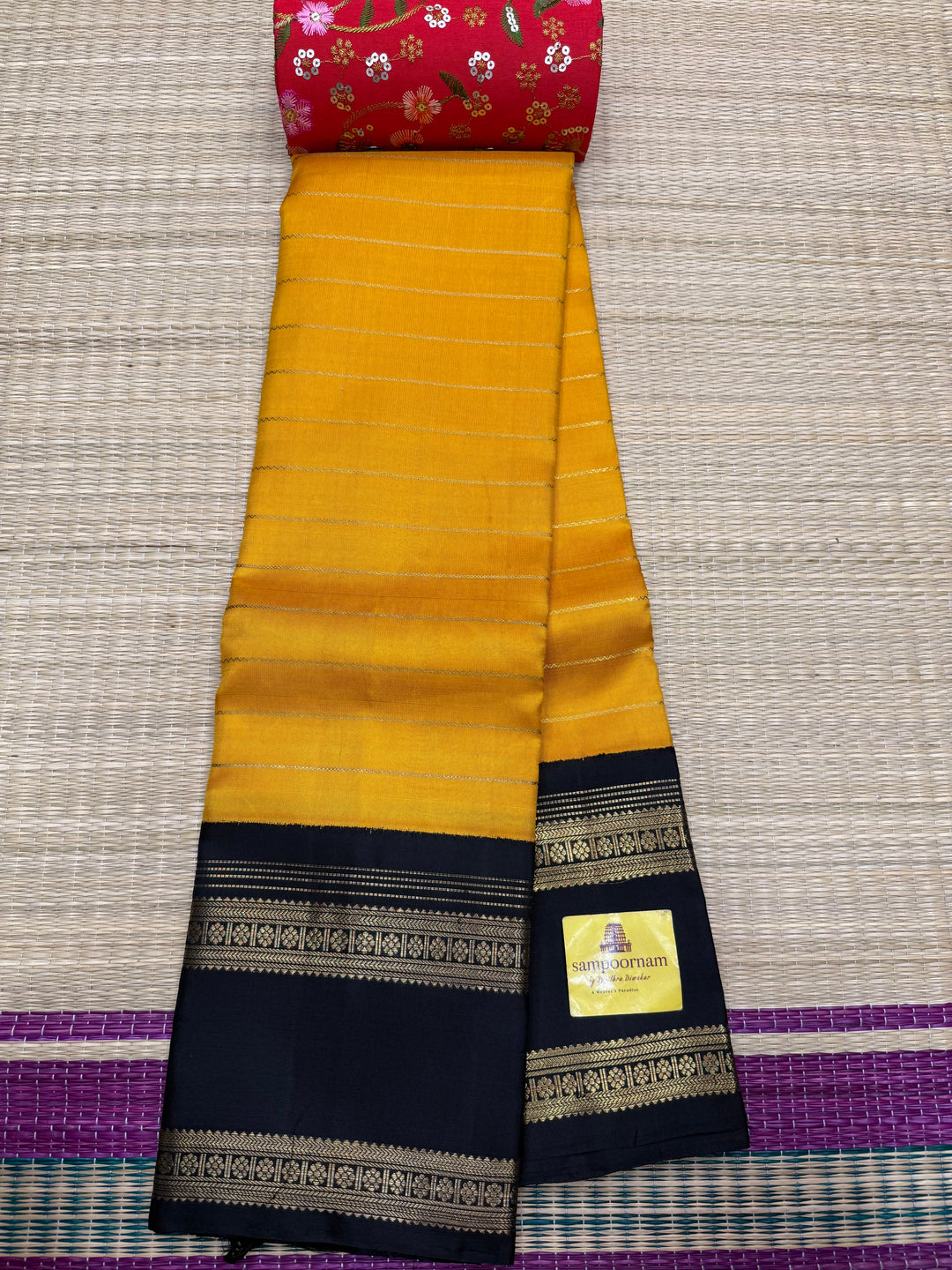 Mambazha Manjal with Black, Traditional Veldhari Design in the Body, Rettapet Border and Rich Pallu , Pure Zari Kanjivaram Silk Saree