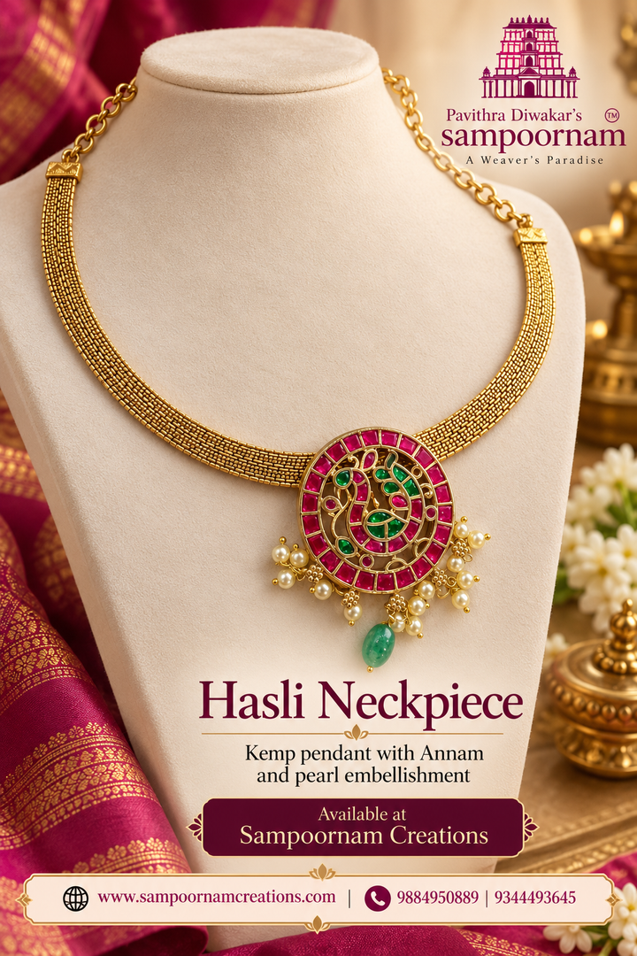 Elegant Hasli Neckpiece featuring a beautiful Kemp pendant with an Annam motif and delicate pearl embellishments