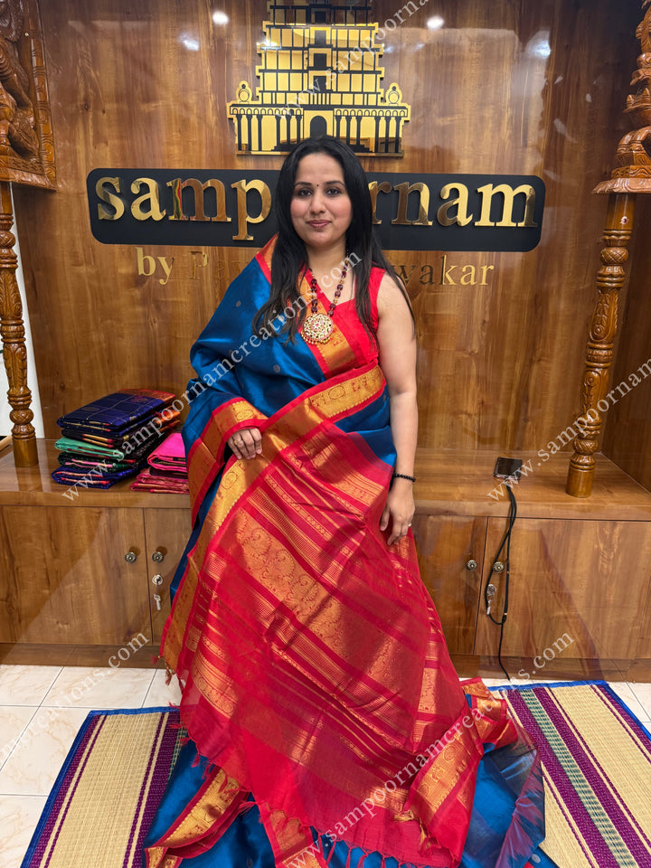 Cobalt Blue with Red , Zari butta in the body , traditional borders and rich pallu  ,Ten Yards Korvai Silk Cotton Saree