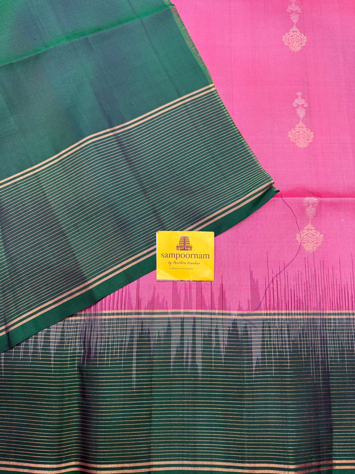 Onion Pink with Green , Rich Zari Butta in the Body and Traditional Grand Pallu, Pure Soft Silk Saree