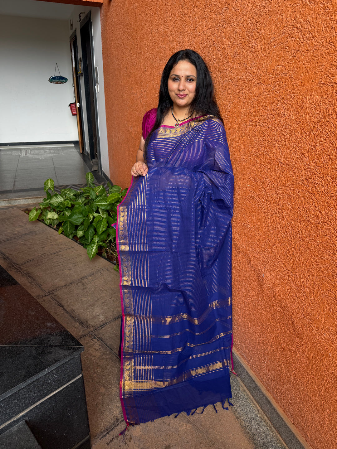 Dark Blue with Magenta Selvedge, vertical and horizontal zari lines in the body , Chettinad cotton saree