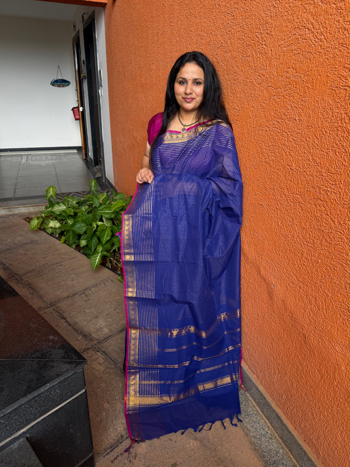 Dark Blue with Magenta Selvedge, vertical and horizontal zari lines in the body , Chettinad cotton saree