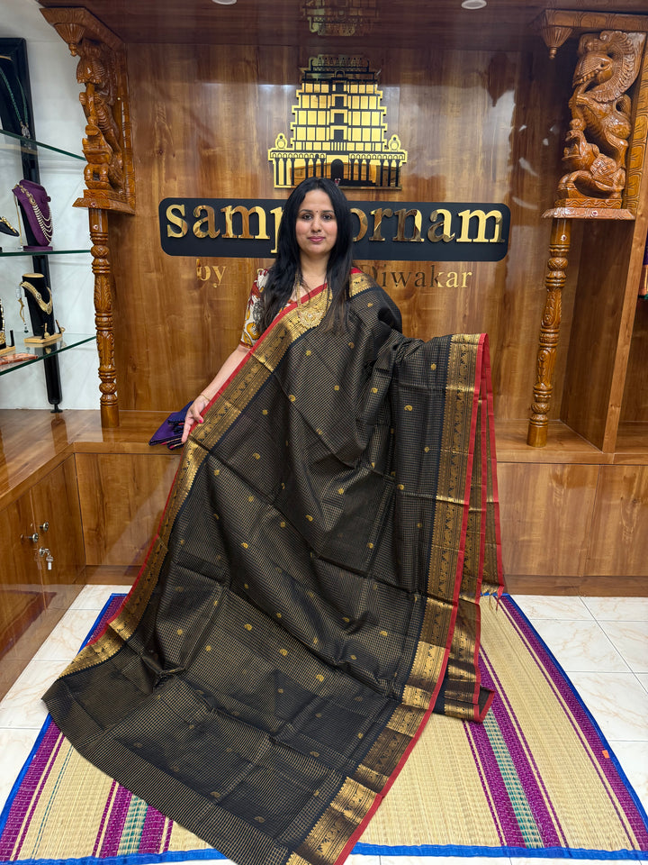 Black , Zari Podi Kattam in the body , Traditional Borders and Rich Pallu Semi Silk Cotton Saree