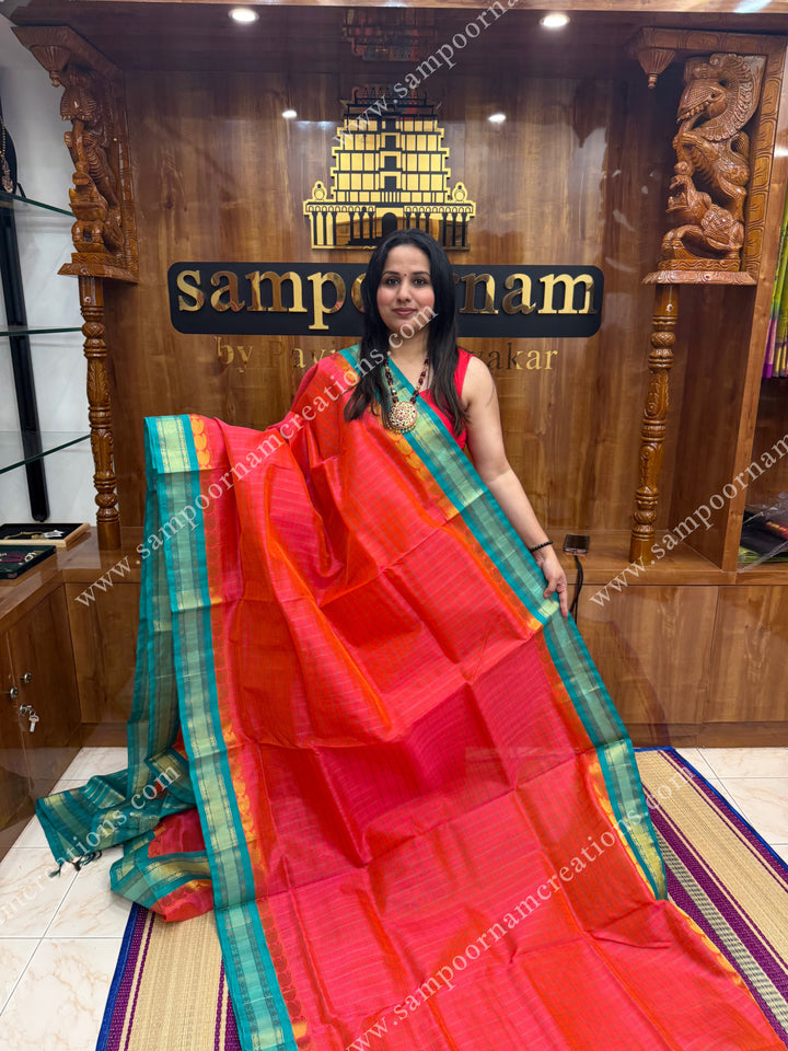 Reddish Pink with Turquoise Blue , body checks, traditional borders and rich pallu ,Ten Yards Korvai Silk Cotton Saree
