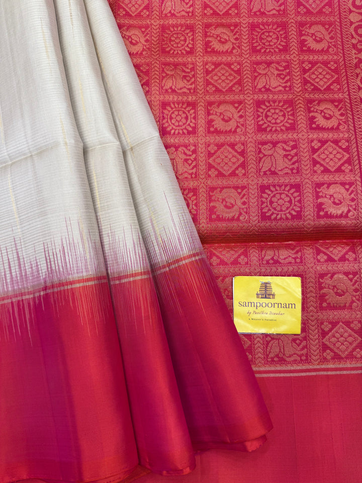 Light Beige with Orangish Pink, Rain Drop Zari Butta in the Body and Rich Pallu Pure Soft Silk Saree