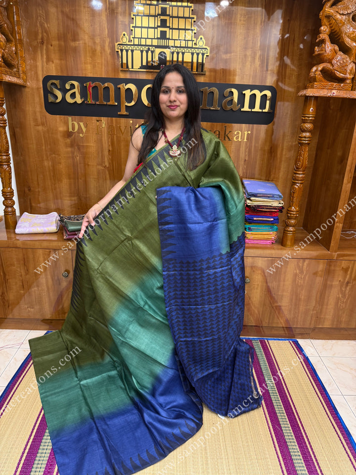 Handpainted shades of Blue and Green with Handblock Prints in the border and Pallu , Pure Tussar Silk Saree